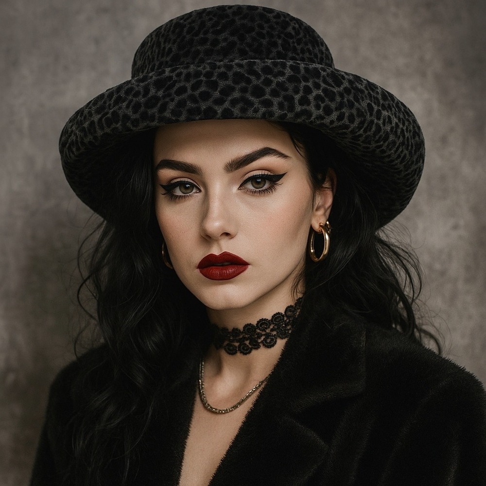 Vintage 90s David Cohen Leopard Velor Hat Gray Black Curled Brim Retro Glam‎